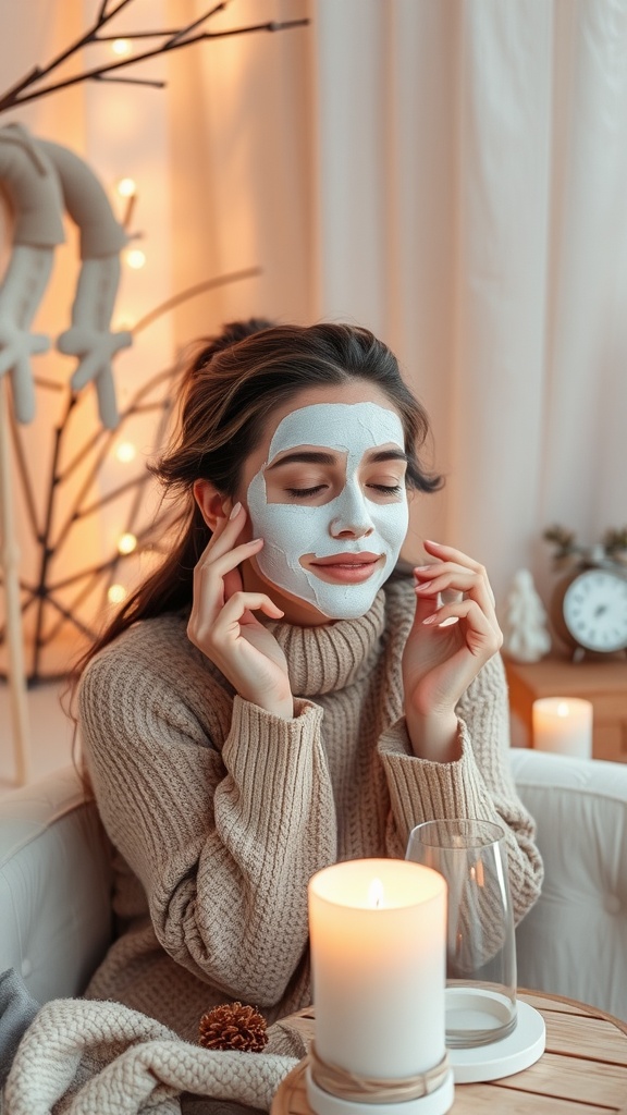 A woman with a soothing face mask sitting in a cozy setting with candles and warm lighting.