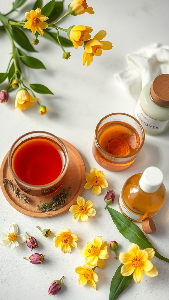A serene display of herbal teas in glass cups, accompanied by colorful flowers and skincare products.