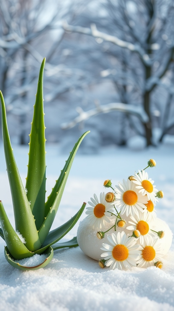 Aloe vera plant and chamomile flowers in a snowy setting