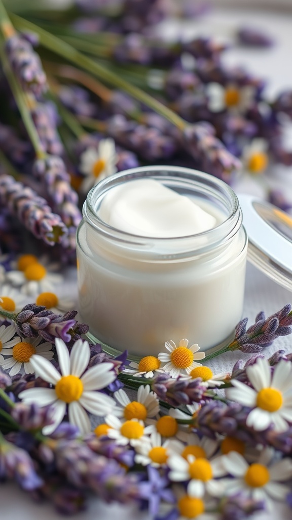 A jar of cream surrounded by lavender and chamomile flowers.