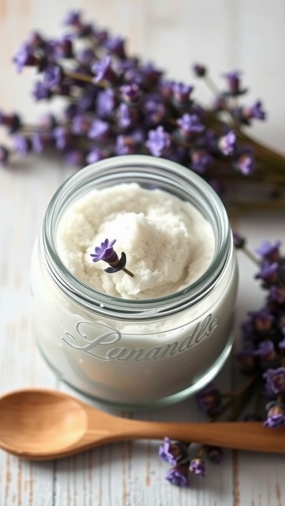 A jar of lavender body scrub with a sprig of lavender next to it, showcasing ingredients for DIY skincare.