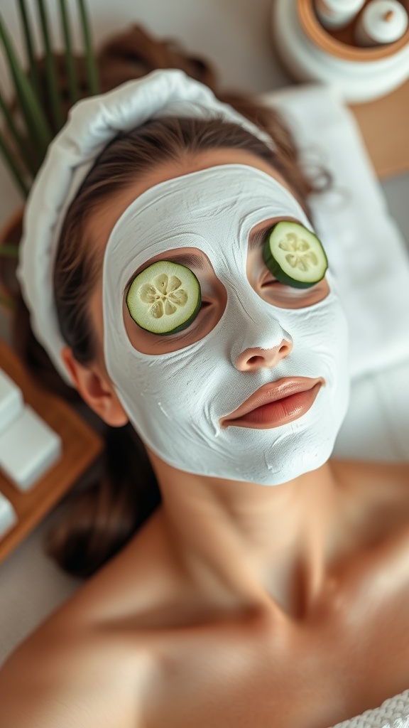 A woman with a facial mask and cucumber slices on her eyes, relaxing