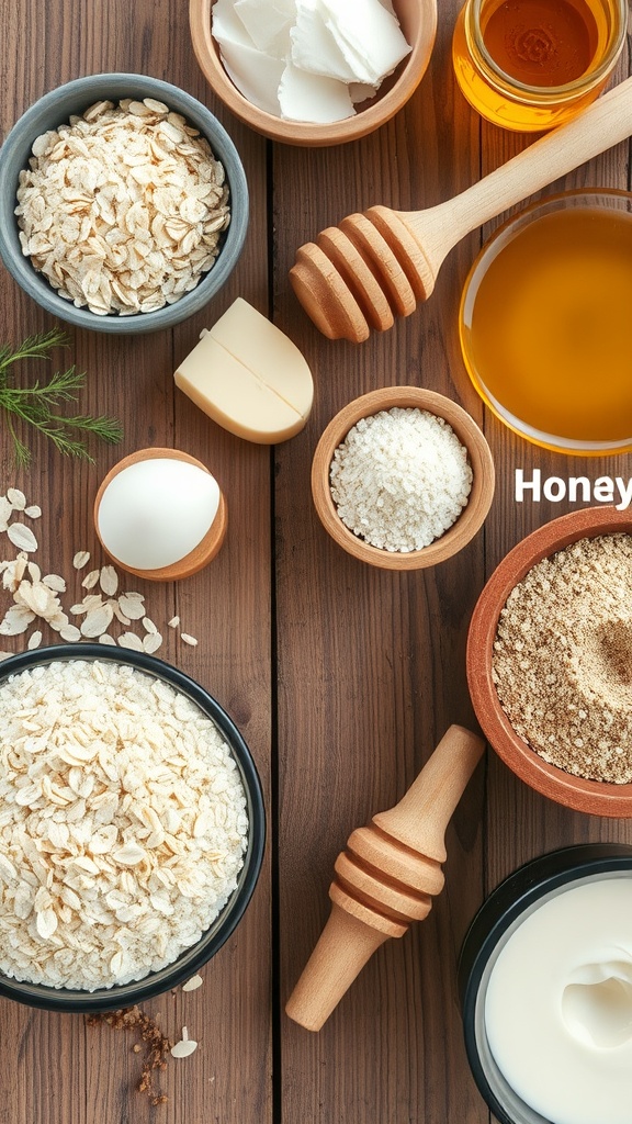 A variety of natural ingredients for making soothing masks, including oats, honey, butter, and oils.