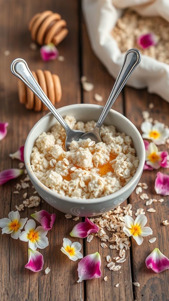 A bowl of oatmeal and honey scrub with flowers and honey dippers on a wooden table.
