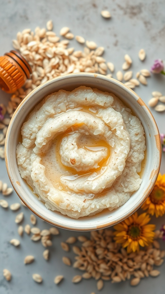 A creamy oatmeal and honey scrub in a bowl, surrounded by oats and yellow flowers.