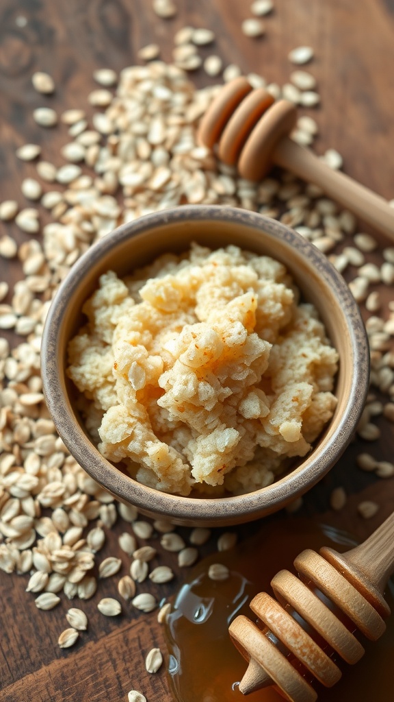 A bowl of oatmeal and honey scrub surrounded by oats and a honey dipper.