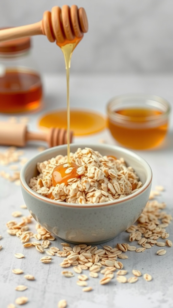 A bowl of oats with honey dripping from a wooden dipper, surrounded by jars of honey.