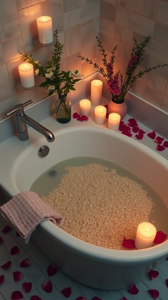 A cozy bathtub filled with oatmeal, candles, and flower arrangements, creating a relaxing atmosphere.