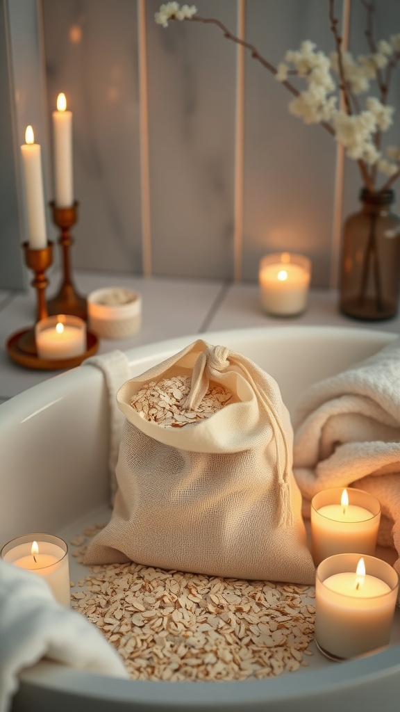 A cozy bath setup featuring a bag of oatmeal, candles, and soft towels.