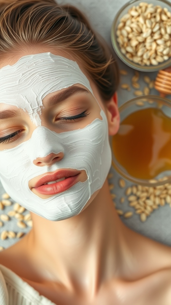 A woman with a soothing oatmeal face mask on her face, surrounded by oats and honey.