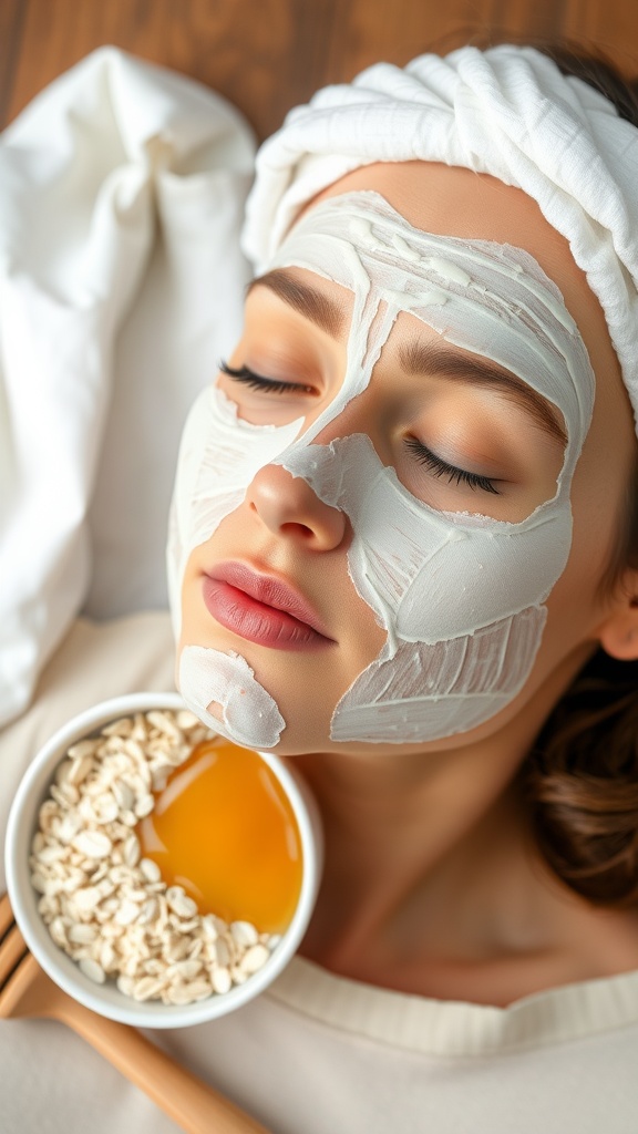 A person relaxing with a soothing oatmeal face mask, surrounded by ingredients like oats and egg yolk.