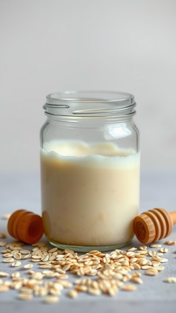A jar of creamy oatmeal honey cleanser surrounded by oats and honey dippers, highlighting a natural skincare recipe.