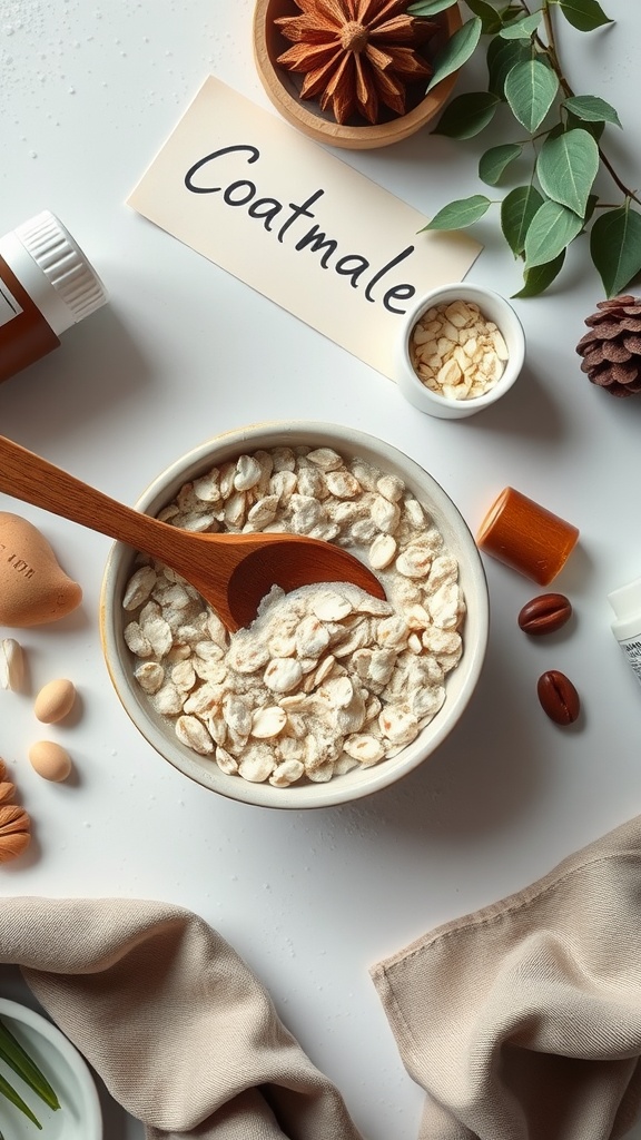 A bowl of oatmeal with a wooden spoon, surrounded by natural skincare ingredients and a label reading 'Coatmale'.