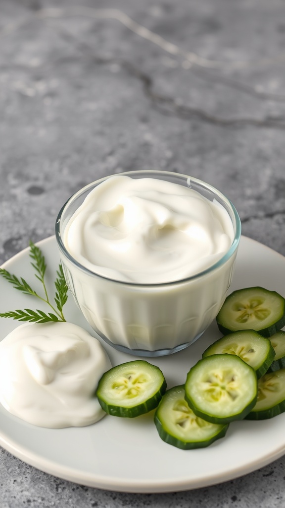 A bowl of yogurt with sliced cucumbers on a plate, showcasing ingredients for a soothing skincare mask.