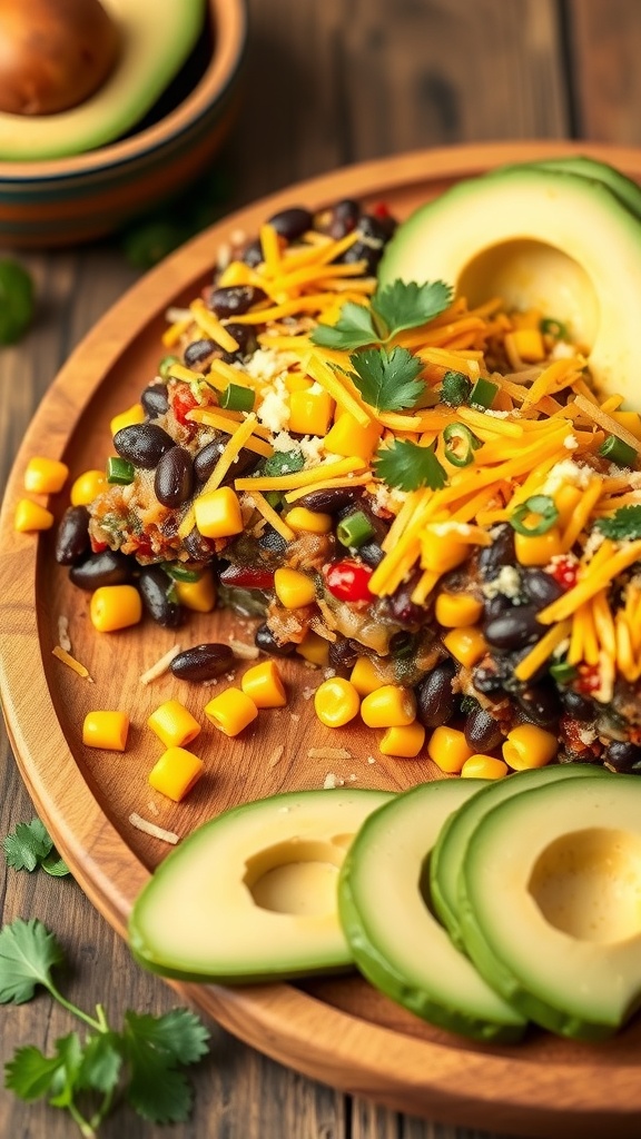 A delicious Southwestern Black Bean Casserole topped with cheese, corn, and avocado slices, served on a wooden plate.