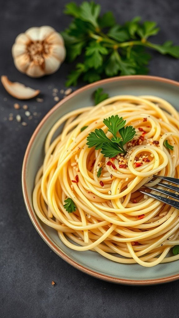 Plate of spaghetti aglio e olio with garlic and parsley.