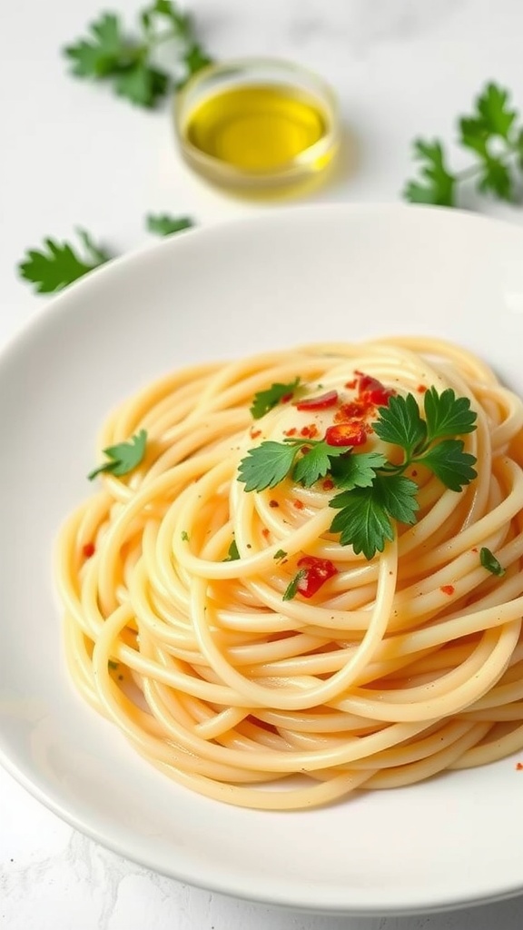 A plate of Spaghetti Aglio e Olio garnished with parsley and chili flakes