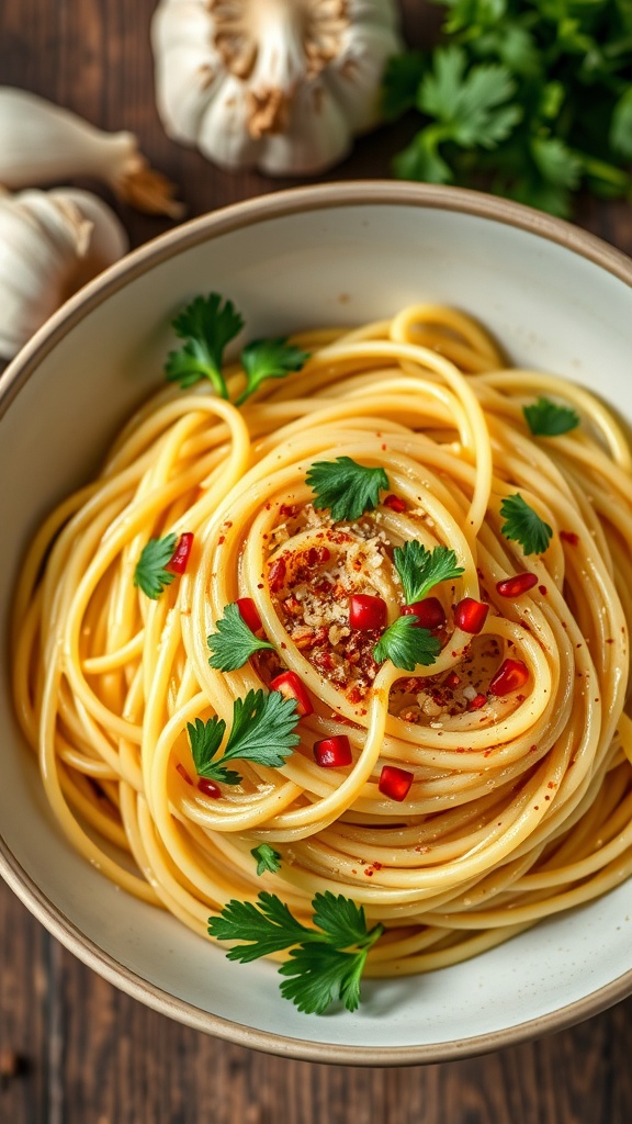A bowl of Spaghetti Aglio e Olio garnished with parsley and red pepper flakes