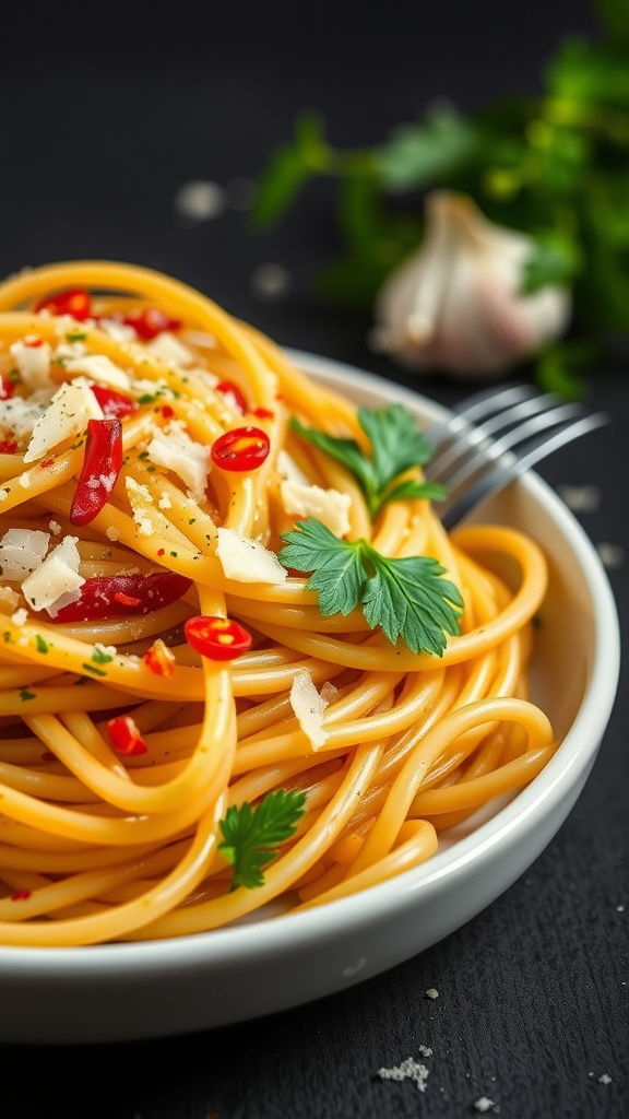 A bowl of spaghetti aglio e olio garnished with parsley and chili flakes