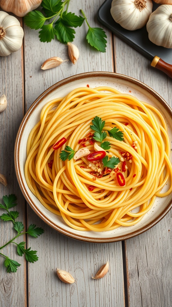 A plate of spaghetti aglio e olio garnished with parsley