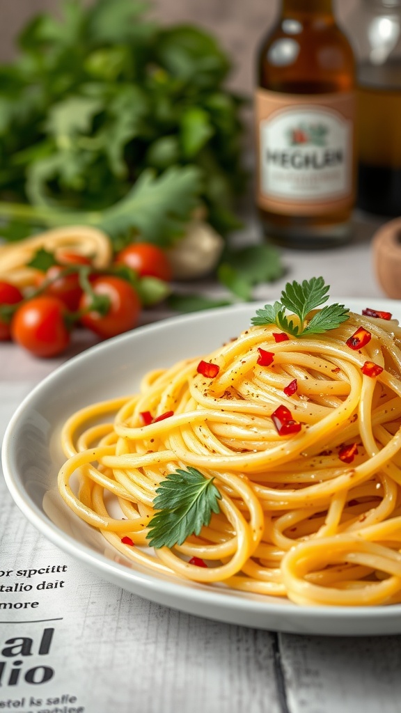 A plate of spaghetti aglio e olio garnished with parsley and chili flakes.