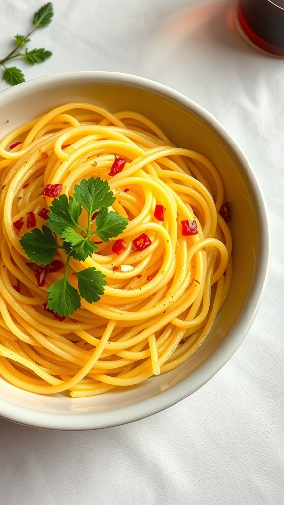 A bowl of spaghetti aglio e olio garnished with parsley and red pepper flakes.