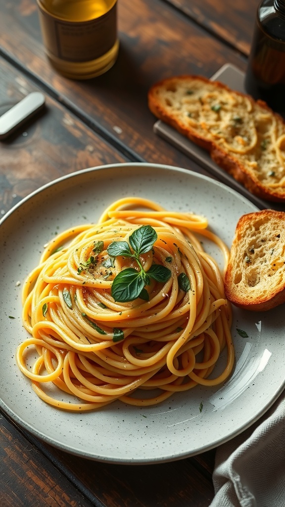 A plate of spaghetti aglio e olio with garlic bread on the side.
