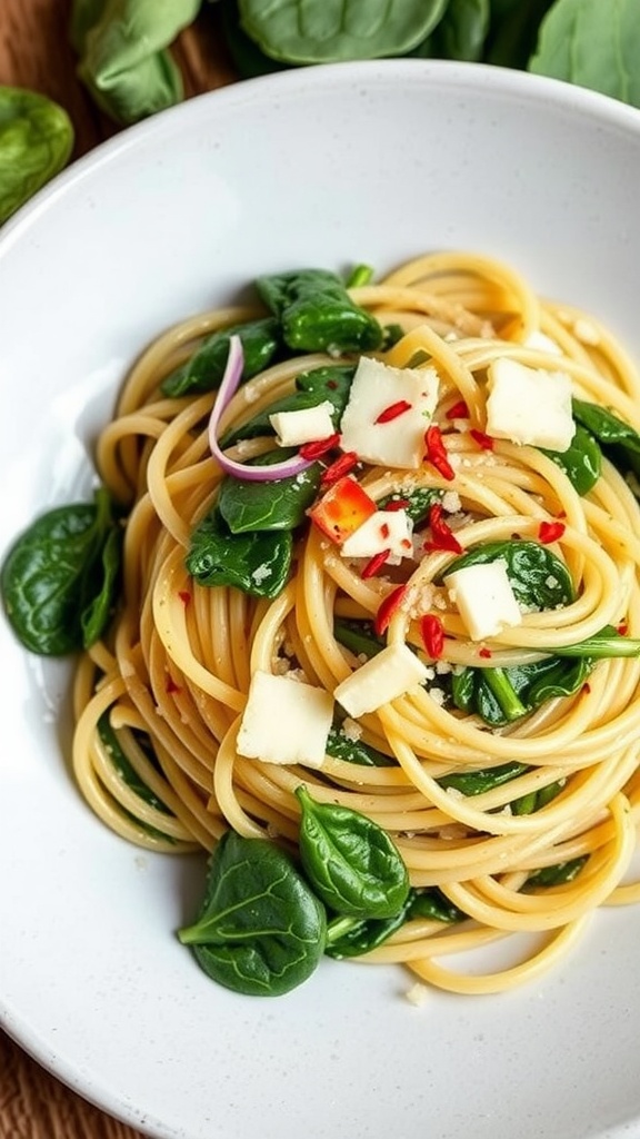 A bowl of spaghetti aglio e olio with spinach, garnished with garlic and cheese.