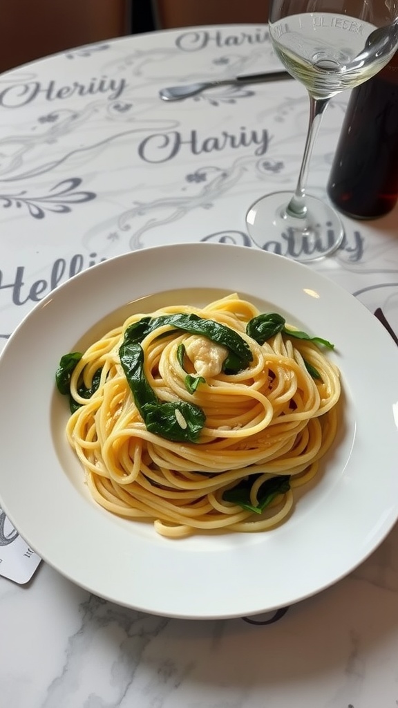 A plate of spaghetti aglio e olio with fresh spinach on a white table.