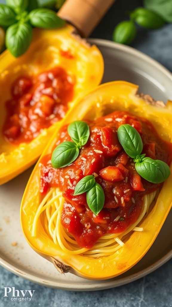 Spaghetti squash served with marinara sauce and basil.