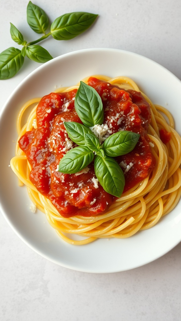 A plate of spaghetti squash topped with marinara sauce and fresh basil.