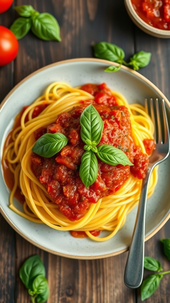 A plate of spaghetti squash topped with marinara sauce and fresh basil leaves.