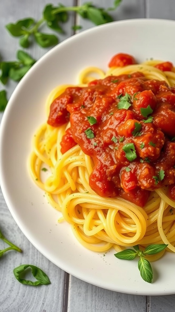 A bowl of spaghetti squash topped with marinara sauce and fresh basil leaves