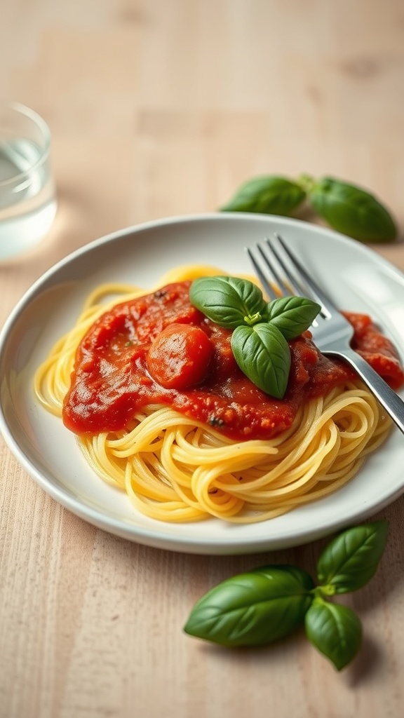 A plate of spaghetti squash topped with marinara sauce and fresh basil.