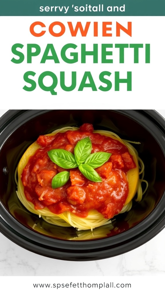 A bowl of spaghetti squash topped with marinara sauce and fresh basil