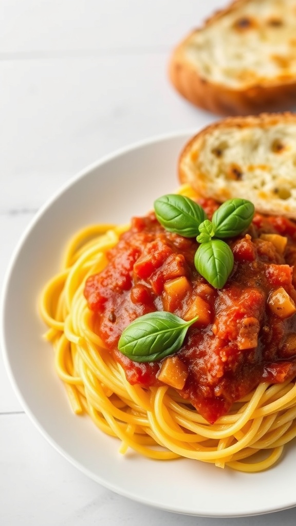 A plate of spaghetti squash topped with marinara sauce and fresh basil, served with garlic bread on the side.