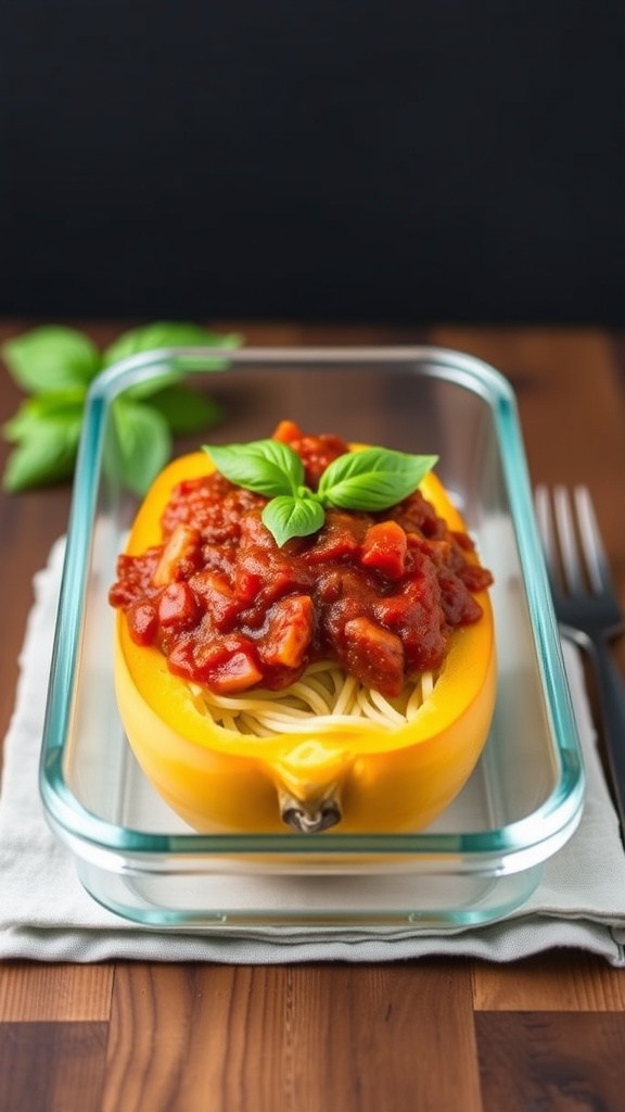 A glass container with spaghetti squash topped with turkey marinara sauce and fresh basil leaves.