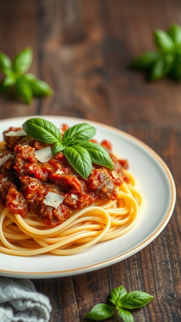 A plate of spaghetti with meat sauce garnished with fresh basil.