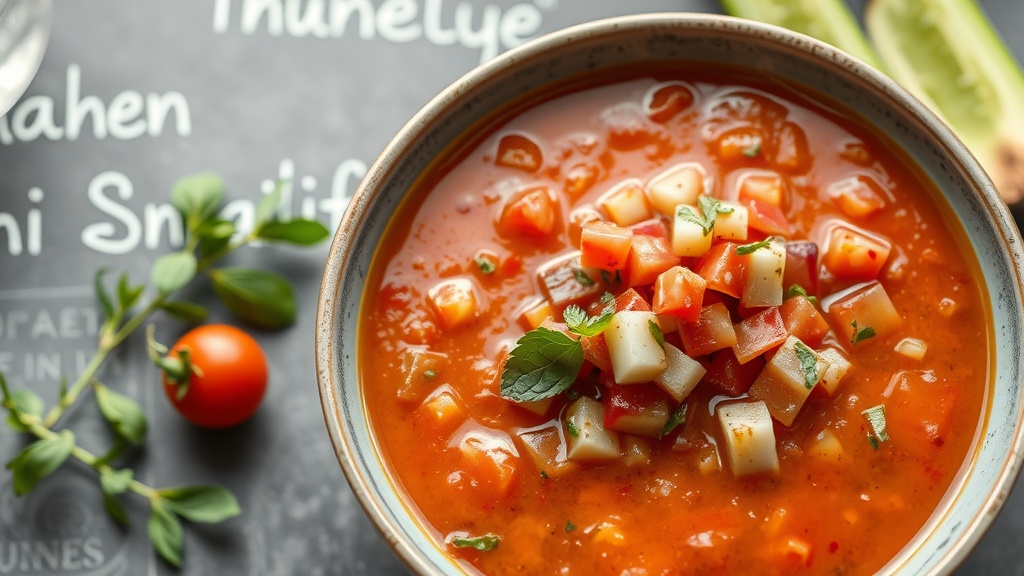 Bowl of Spanish Gazpacho with diced vegetables on top