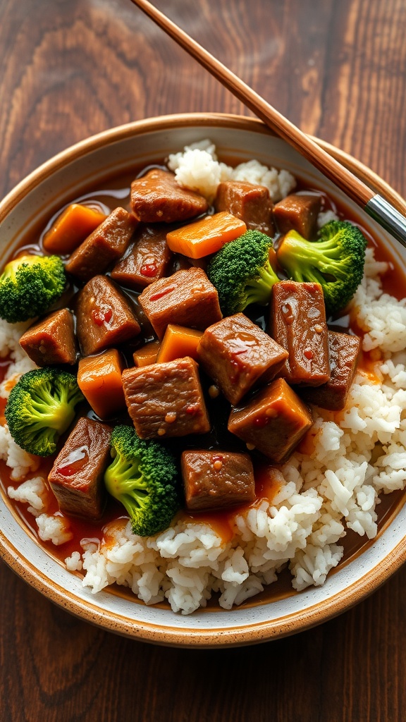A delicious bowl of beef and broccoli served over rice