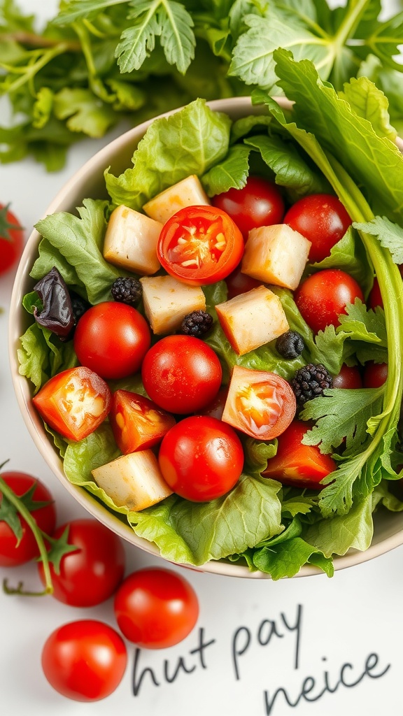 A colorful salad with cherry tomatoes, cheese cubes, and leafy greens.