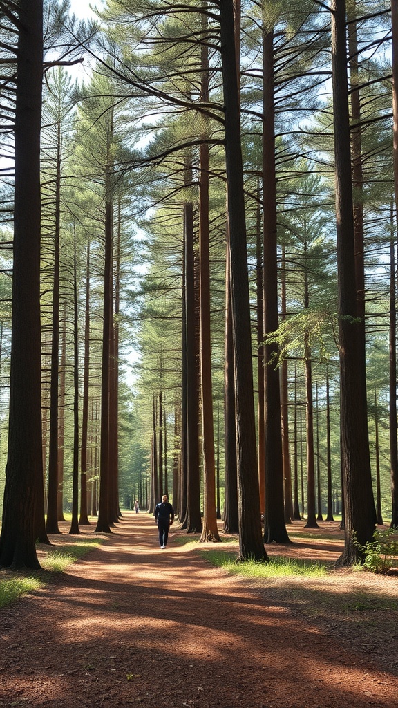 A person walking along a path lined with tall trees in a forest.