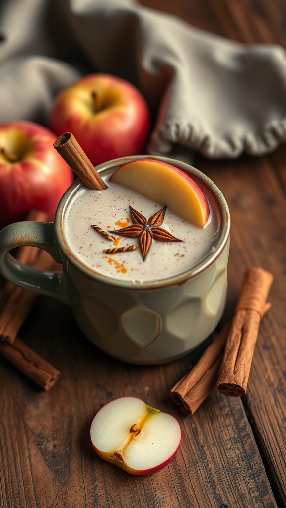 A warm spiced apple cinnamon smoothie with sliced apple and cinnamon sticks, set on a wooden table.