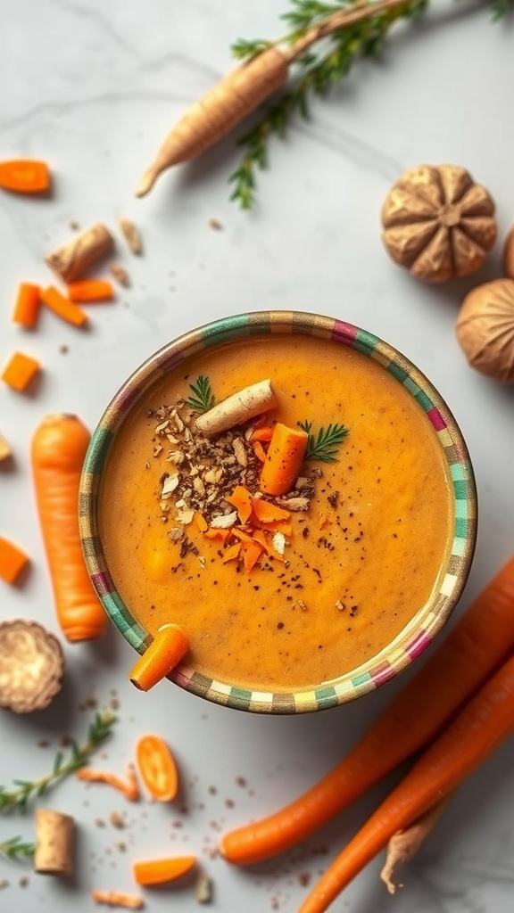 A vibrant spiced carrot and ginger smoothie in a colorful bowl.