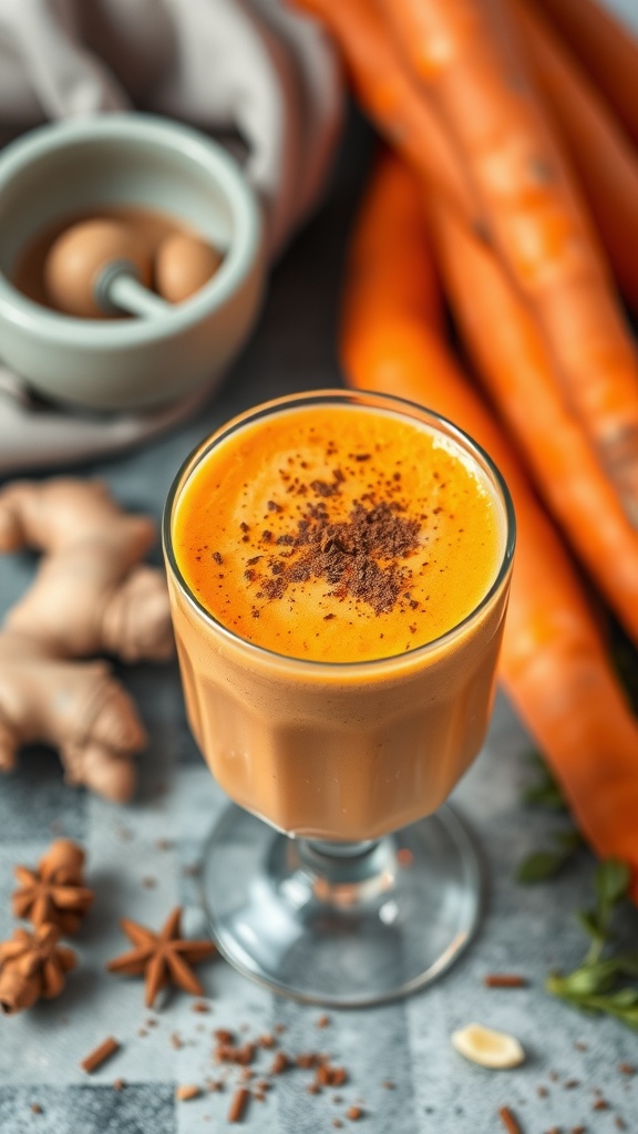 A delicious spiced carrot and ginger smoothie in a glass, surrounded by fresh carrots and ginger.