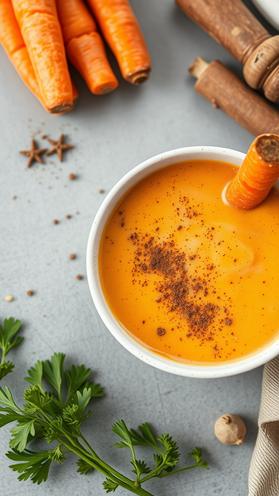 A bowl of bright orange smoothie with a sprinkle of cinnamon and a carrot stick.