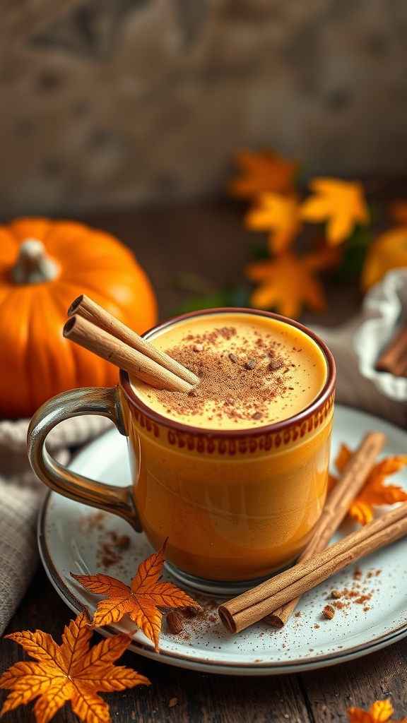 A spiced pumpkin pie smoothie with cinnamon sticks and fall leaves.