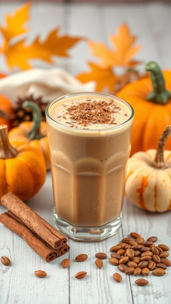 A spiced pumpkin pie smoothie served in a glass with cinnamon sticks and pumpkin decorations around.