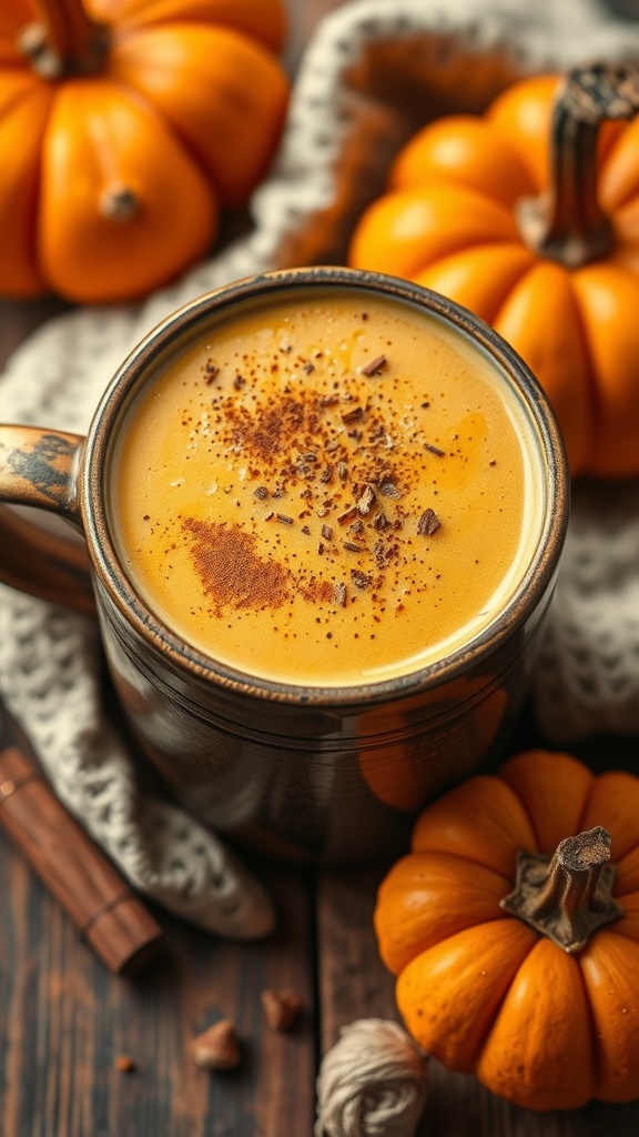 A warm cup of pumpkin smoothie with spices, surrounded by small pumpkins.