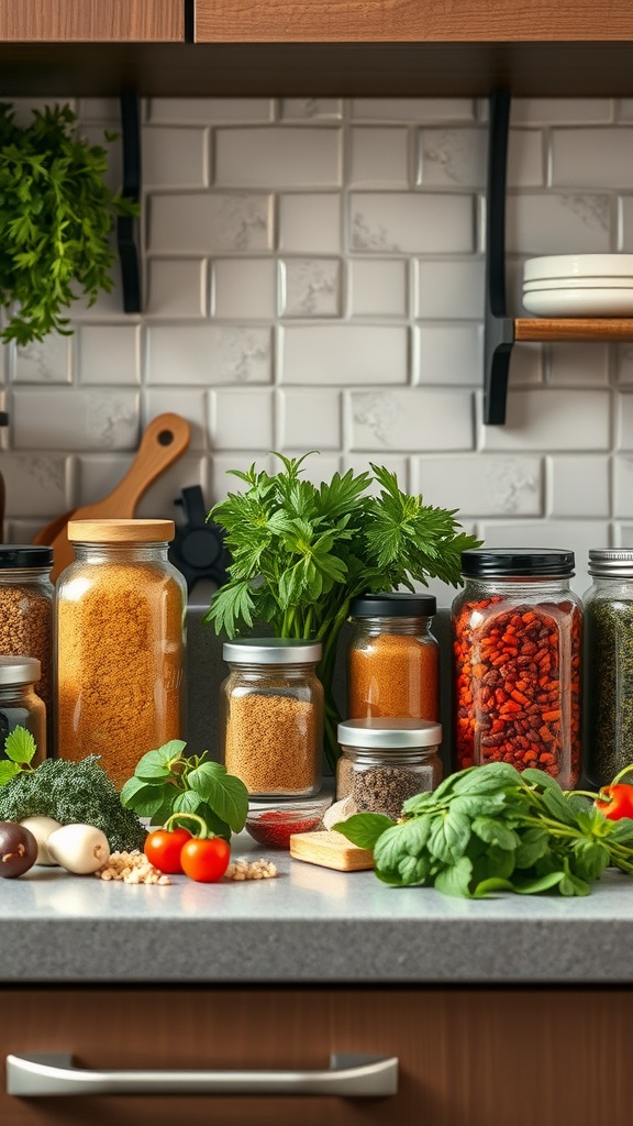 A kitchen counter with jars of spices, fresh herbs, and colorful vegetables, showcasing meal prep ingredients.